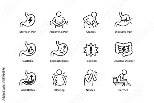 Digestive health icons: pain, cramps, nausea, diarrhea, bloating illustrations