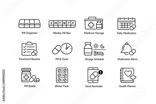 Medicine management icons: pill organizer, dosage schedule, medication alarm, health planner