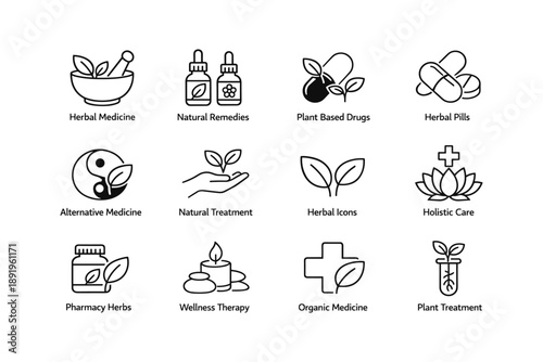 Herb-based medicine symbols collection for alternative healing and wellness