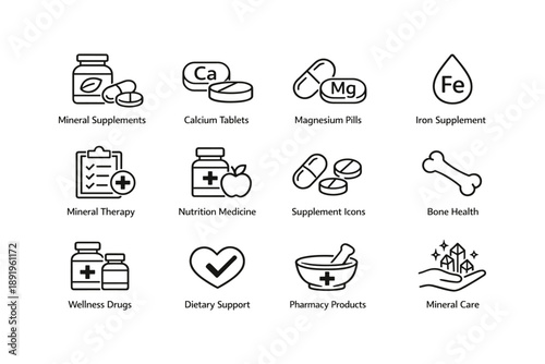 Mineral supplements and nutrition medicine icons for health and wellness