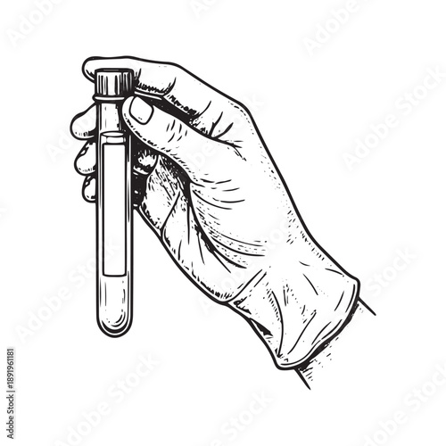 Medical sketch of a gloved hand holding a test tube for coronavirus testing
