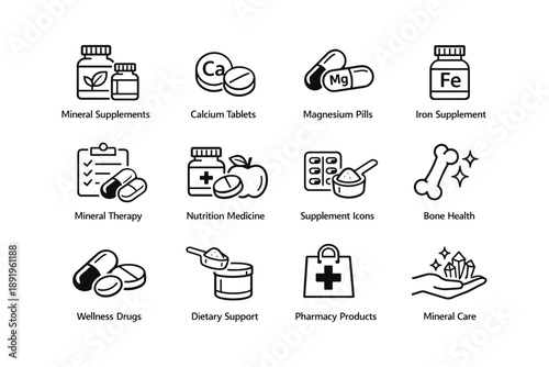 Health and nutrition icon set: mineral supplements, vitamin pills, therapy, and wellness products