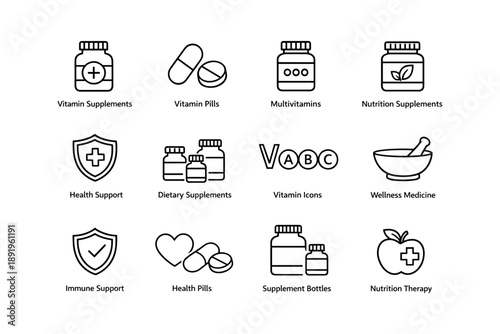 Health and wellness icons: vitamin supplements, pills, and nutrition therapy graphics