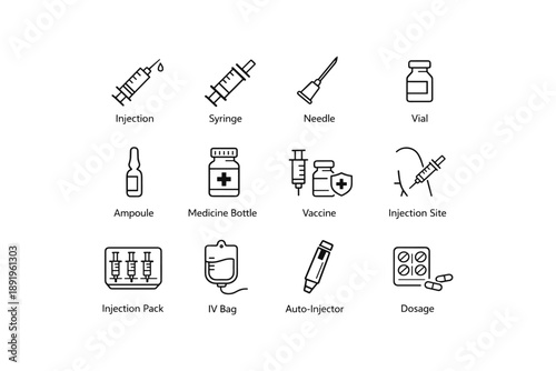 Medical injection icons: syringe, needle, vial, and vaccine symbols