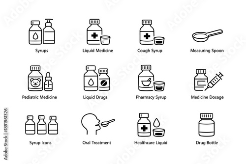 Medicine icons: syrup, liquid medicine, dosage, healthcare essentials