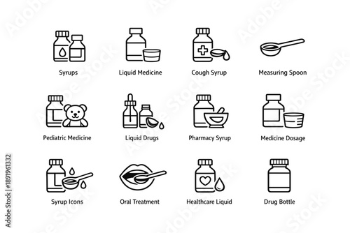 Medicine icons: syrup, liquid, cough, pediatric, dosage