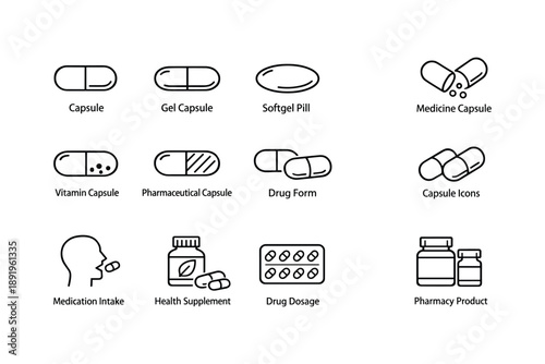 Various capsule and pill icons for medicine and health supplements