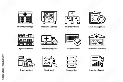 Pharmacy storage solutions: medicine cabinets and inventory management icons