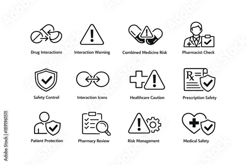 Healthcare and pharmacy safety icons for drug interactions and risk management
