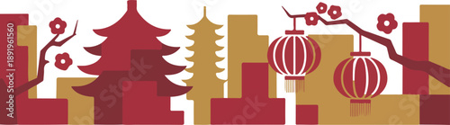 Chinese landscape panorama with traditional pagodas lanterns and plum blossom branches in red tones