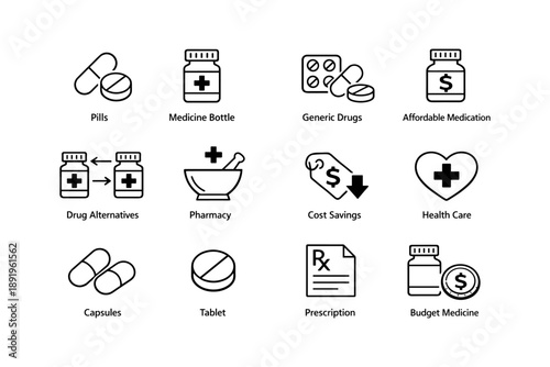 Icons representing pills, medicine bottles, and budget-friendly medication