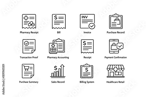 Pharmacy and billing icons: receipts, invoices, payment, healthcare records