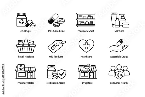 Icons of pharmacy and healthcare: otc drugs, medicine, retail, and accessible self-care products