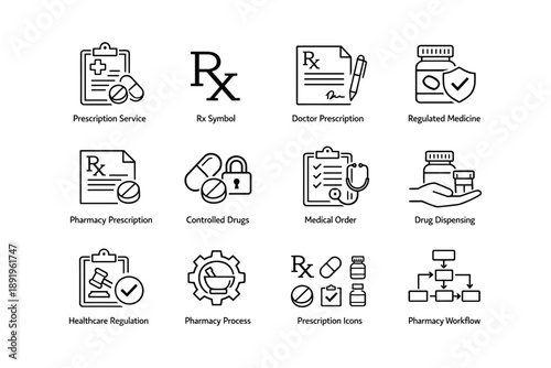 Medical and pharmacy icons: prescription, medication, healthcare, rx symbol, drug regulation