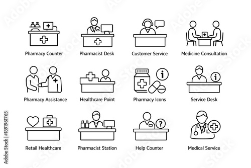 Healthcare service icons: pharmacy, assistance, consultation, medical support