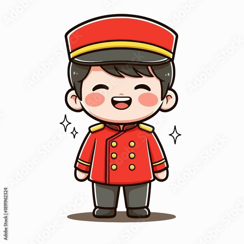 Cute Cartoon Bellhop Character in Uniform.
