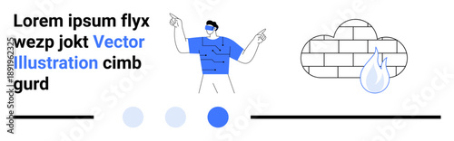 Tech-savvy individual gestures amidst circuits, cloud with water droplet, and modern elements. Ideal for technology, innovation, cloud computing, education, creativity, data-centric simple landing