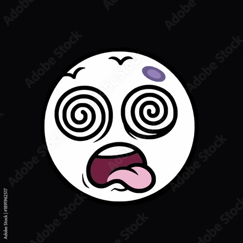 Dizzy cartoon face with spiral eyes and open mouth on a white circle.