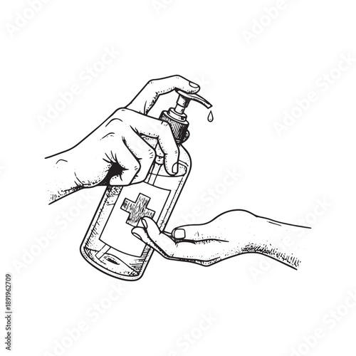 Sketch illustration of hands using medical hand sanitizer pump dispenser for hygiene
