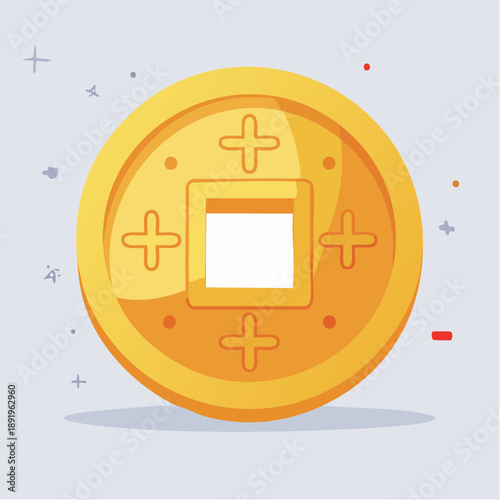Flat vector illustration of a traditional golden Chinese lucky coin with a distinctive square hole, symbolizing prosperity, good fortune, and wealth in Asian culture, ideal for design elements related