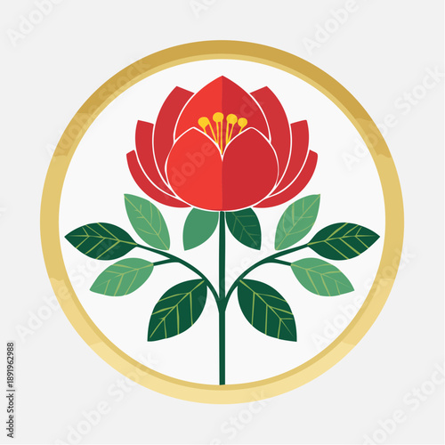 Elegant flat vector illustration of a vibrant red flower with lush green leaves, symbolizing prosperity and beauty, exquisitely encased in a golden circular frame with a clean, minimalist design