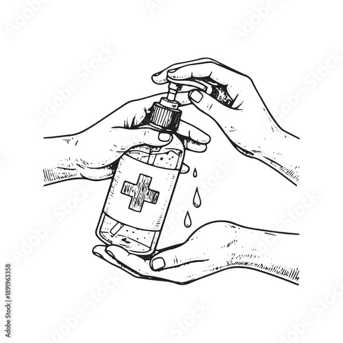 Sketch illustration of hands using medical hand sanitizer pump dispenser for hygiene
