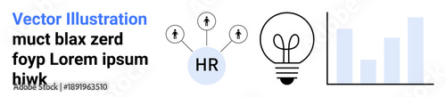 Business development, HR solutions, innovation, teamwork, decision-making, analytics. HR network with arrows, lightbulb and bar chart. Business development and HR solutions concept