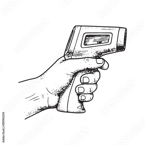 Line art sketch of hand holding digital infrared non-contact medical thermometer
