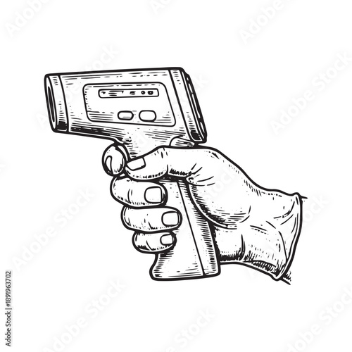 Line art sketch of hand holding digital infrared non-contact medical thermometer

