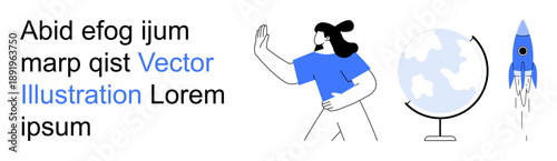 Space exploration, global connectivity, innovation, creative ideas, education, futuristic concepts. A person gestures towards a globe and a rising rocket. Space exploration and global connectivity