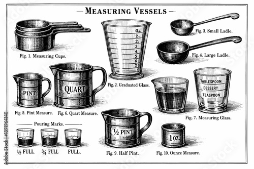 Vintage measuring vessels chart with cups, glasses, and ladles in detailed illustration
