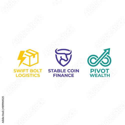 Modern logistics and financial icon set for professional corporate branding for SWIFT BOLT LOGISTICS, STABLE COIN FINANCE and PIVOT WEALTH