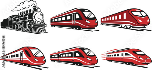 Collection of classic steam and modern high speed trains, railway transport set, red black locomotives, vector illustration isolated