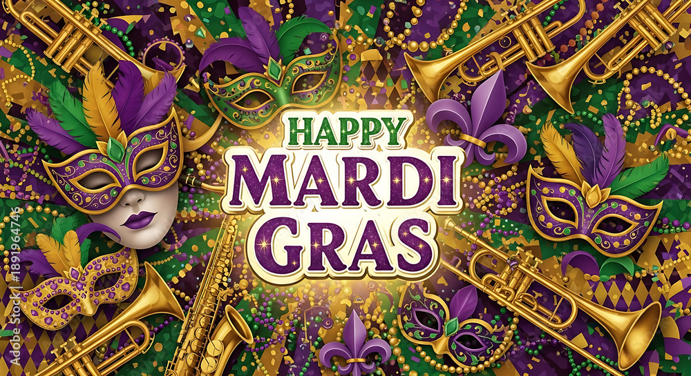 Naklejka premium Colorful Mardi Gras celebration with masks and brass instruments background purple