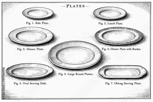 Vintage illustration of various serving plates with descriptions