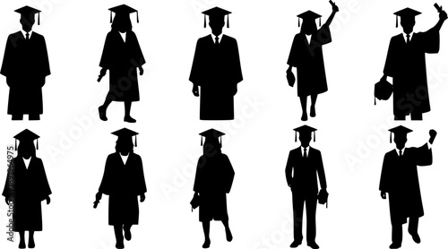 Black silhouette icons of graduate students wearing academic mortarboard caps with tassels for education graduation ceremony and university achievement