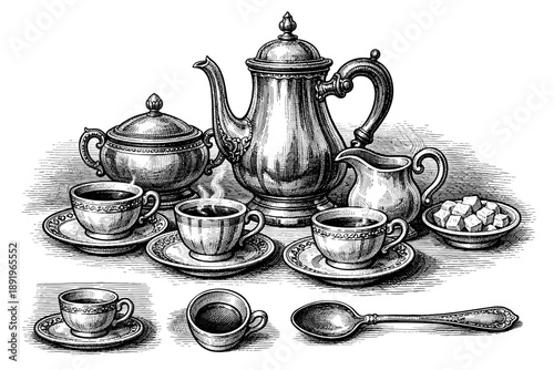 Elegant vintage tea set with cups, teapot, and sugar bowl in intricate design