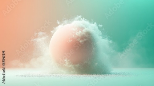 Ethereal sphere surrounded by cloudlike particles in gentle pastel colors