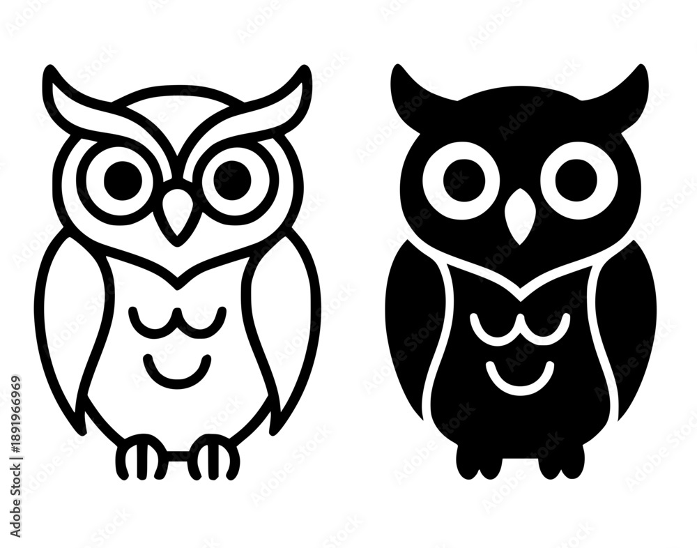 Fototapeta premium Cute owl illustration icon, black and white in outline and silhouette style