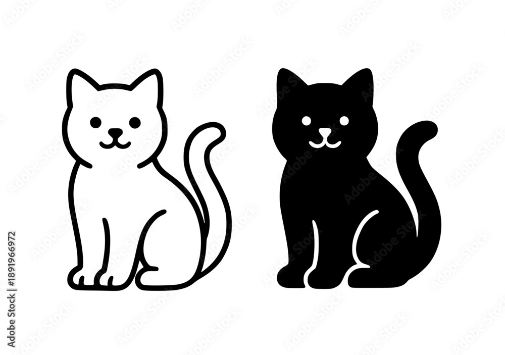 Fototapeta premium Cat illustration icon, black and white in outline and silhouette style