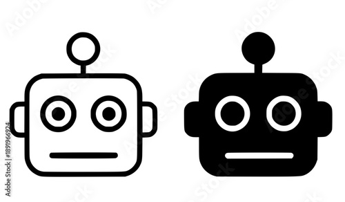 Robot illustration icon, black and white in outline and silhouette style