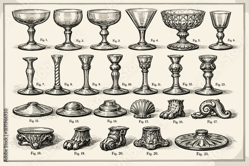 Vintage engraving of crystal glasses and ornate candle holders