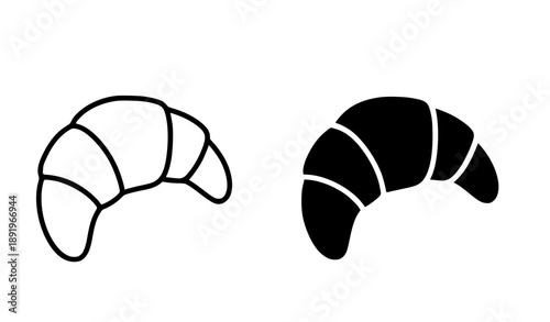 Croissant illustration icon, black and white in outline and silhouette style