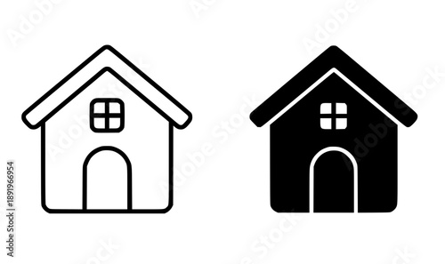 House illustration icon, black and white in outline and silhouette style
