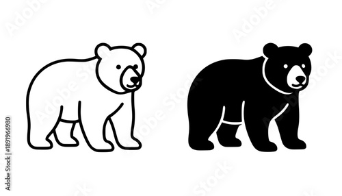 Bear illustration icon, black and white in outline and silhouette style
