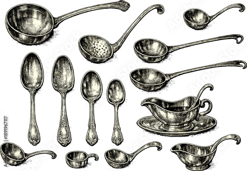 Vintage utensils set: antique spoons, ladles, and gravy boats