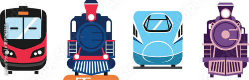Train front view icons set, modern and vintage locomotives, railway transport collection, flat vector illustration isolated on white