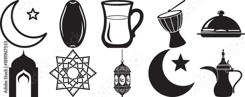 Islamic icons for Ramadan and Eid including moon, star, mosque, and drum isolated on white background.