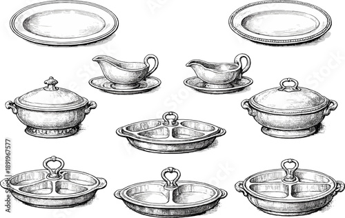 Antique serving dishes and platters sketch: vintage tableware collection