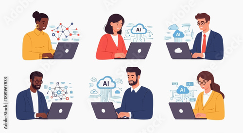 A vector graphic illustration of six people working on laptops with AI and cloud computing symbols around them